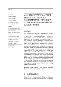 Albert Hertzog's “Calvinist Speech” and the Verlig