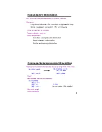 Redundancy Elimination Common Subexpression Elimination
