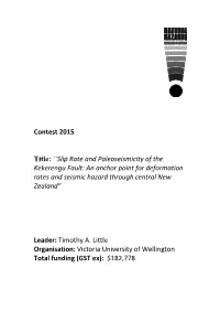 Contest 2015 Title: “Slip Rate and Paleoseismicity of the Kekerengu Fault: an Anchor Point for Deformation Rates and Seismic H