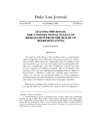 Leaving the House: the Constitutional Status of Resignation from the House of Representatives