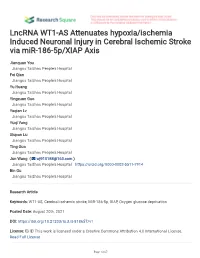 Lncrna WT1-AS Attenuates Hypoxia/Ischemia Induced Neuronal Injury in Cerebral Ischemic Stroke Via Mir-186-5P/XIAP Axis