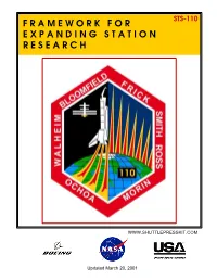 Sts-110 F R a M E W O R K F O R E X P a N D I N G S T a T I O N R E S E a R C H
