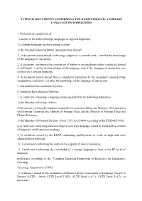 Types of Documents Confirming the Knowledge of a Foreign Language by Foreigners