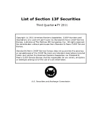 List of Section 13F Securities, Third Quarter, 2011