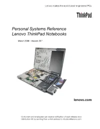 Personal Systems Reference Lenovo Thinkpad Notebooks