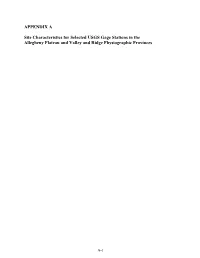 APPENDIX a Site Characteristics for Selected USGS Gage Stations In