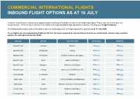 Inbound Flight Options As at 16 July