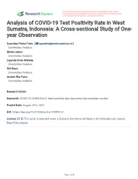 Analysis of COVID-19 Test Positivity Rate in West Sumatra, Indonesia: a Cross-Sectional Study of One- Year Observation