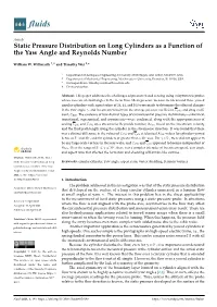 Static Pressure Distribution on Long Cylinders As a Function of the Yaw Angle and Reynolds Number