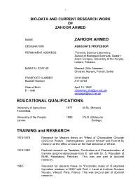 Bio-Data and Current Research Work of Zahoor Ahmed