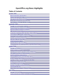 Openoffice.Org News Highlights Table of Contents Octo Ber 2004