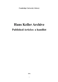 Hans Keller Archive Published Articles: a Handlist
