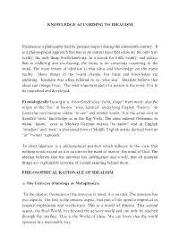KNOWLEDGE ACCORDING to IDEALISM Idealism As a Philosophy