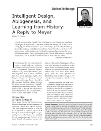 Intelligent Design, Abiogenesis, and Learning from History: Dennis R