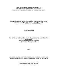 Memorandum of Understanding No. 11 for Joint Submission to the City Council Regarding the Recreational Representation Unit