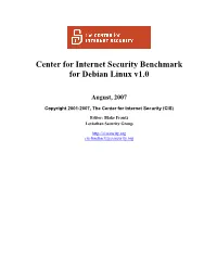 Center for Internet Security Benchmark for Debian Linux V1.0