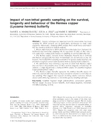 Impact of Non-Lethal Genetic Sampling on the Survival, Longevity and Behaviour of the Hermes Copper (Lycaena Hermes) Butterﬂy