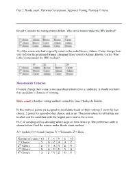 Borda Count, Pairwise Comparison, Approval Voting, Fairness Criteria