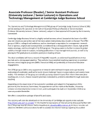 (Reader) / Senior Assistant Professor (University Lecturer / Senior Lecturer) in Operations and Technology Management at Cambridge Judge Business School