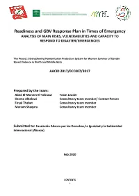 Readiness and GBV Response Plan in Times of Emergency ANALYSIS of MAIN RISKS, VULNERABILITIES and CAPACITY to RESPOND to DISASTER/EMERGENCIES