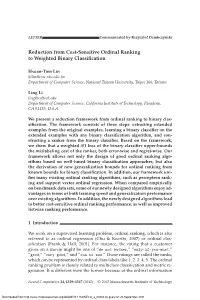 Reduction from Cost-Sensitive Ordinal Ranking to Weighted Binary Classiﬁcation