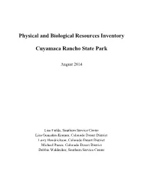 Physical and Biological Resources Inventory Cuyamaca Rancho State