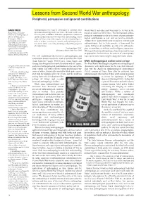 Lessons from Second World War Anthropology Peripheral, Persuasive and Ignored Contributions