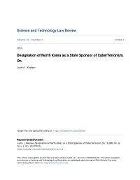 Designation of North Korea As a State Sponsor of Cyberterrorism, On