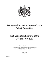 Post-Legislative Scrutiny of the Licensing Act 2003
