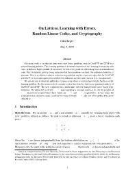 On Lattices, Learning with Errors, Random Linear Codes, and Cryptography