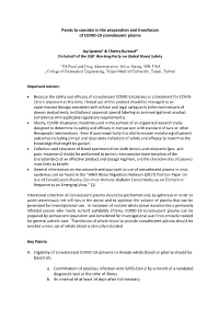 Points to Consider in the Preparation and Transfusion of COVID-19 Convalescent Plasma