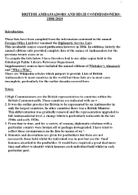 British Ambassadors and High Commissioners: 1880-2010