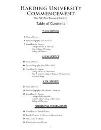 Harding University Commencement May Fifth, Two Thousand Eighteen Table of Contents