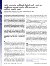 Light, Nutrients, and Food-Chain Length Constrain Planktonic Energy Transfer Efficiency Across Multiple Trophic Levels