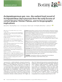 Asclepiadospermum Gen. Nov., the Earliest Fossil Record Of