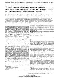 18F-FDG Labeling of Mesenchymal Stem Cells and Multipotent Adult Progenitor Cells for PET Imaging: Effects on Ultrastructure and Differentiation Capacity