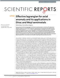 Effective Lagrangian for Axial Anomaly and Its Applications in Dirac And