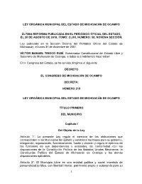 Ley Orgánica Municipal Del Estado De Michoacán De Ocampo