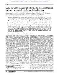Genome-Wide Analysis of Fis Binding in Escherichia Coli Indicates a Causative Role for A-/AT-Tracts