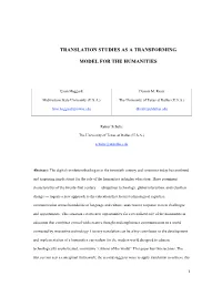 Translation Studies As a Transforming Model for the Humanities