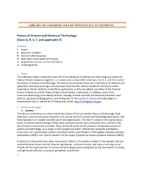 History of Science and History of Technology (Class Q, R, S, T, and Applicable Z)