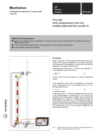 Mechanics Physics Translational Motions of a Mass Point Leaflets P1.3.5.1 Free Fall