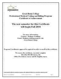 Medical Coding and Billing Program Certificate of Achievement