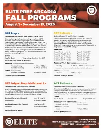 FALL PROGRAMS August 1 – December 19, 2020