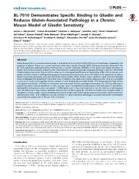 BL-7010 Demonstrates Specific Binding to Gliadin and Reduces Gluten-Associated Pathology in a Chronic Mouse Model of Gliadin Sensitivity