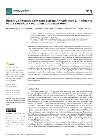 Bioactive Phenolic Compounds from Primula Veris L.: Inﬂuence of the Extraction Conditions and Puriﬁcation