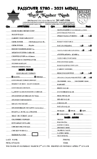 Passover 5780 - 2021 Menu