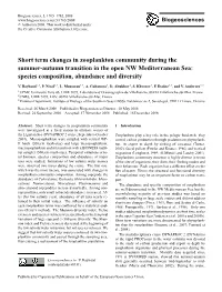 Short Term Changes in Zooplankton Community During the Summer-Autumn Transition in the Open NW Mediterranean Sea: Species Composition, Abundance and Diversity