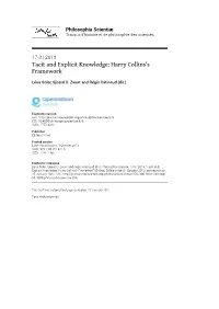 Philosophia Scientiæ, 17-3 | 2013, “Tacit and Explicit Knowledge: Harry Collins’S Framework” [Online], Online Since 01 October 2013, Connection on 15 January 2021