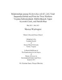 E. Coli), Total Suspended Solids and Flow for Three Northern Virginia Subwatersheds: Rabbit Branch, Upper Accotink Creek, and Daniels Run